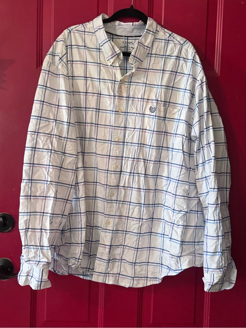 Chaps White Button-Down Shirt with Blue Plaid